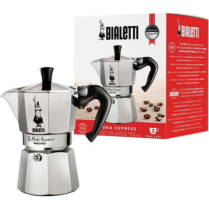 256225 - Bialetti Moka Express, Makinë ekspreso për kafe autentike italiane, enë Moka me 3 gota (130ml), alumin, argjend