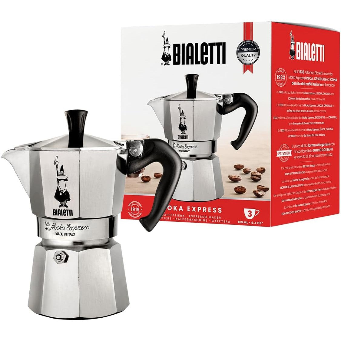 209226 - BIALETTI - Moka Express: Makinë Ekspreso për Kafe Italiane Autentike, Enë Moka me Kapacitet 3 Filxhanë (130ml), Alumin, Ngjyre Argjend