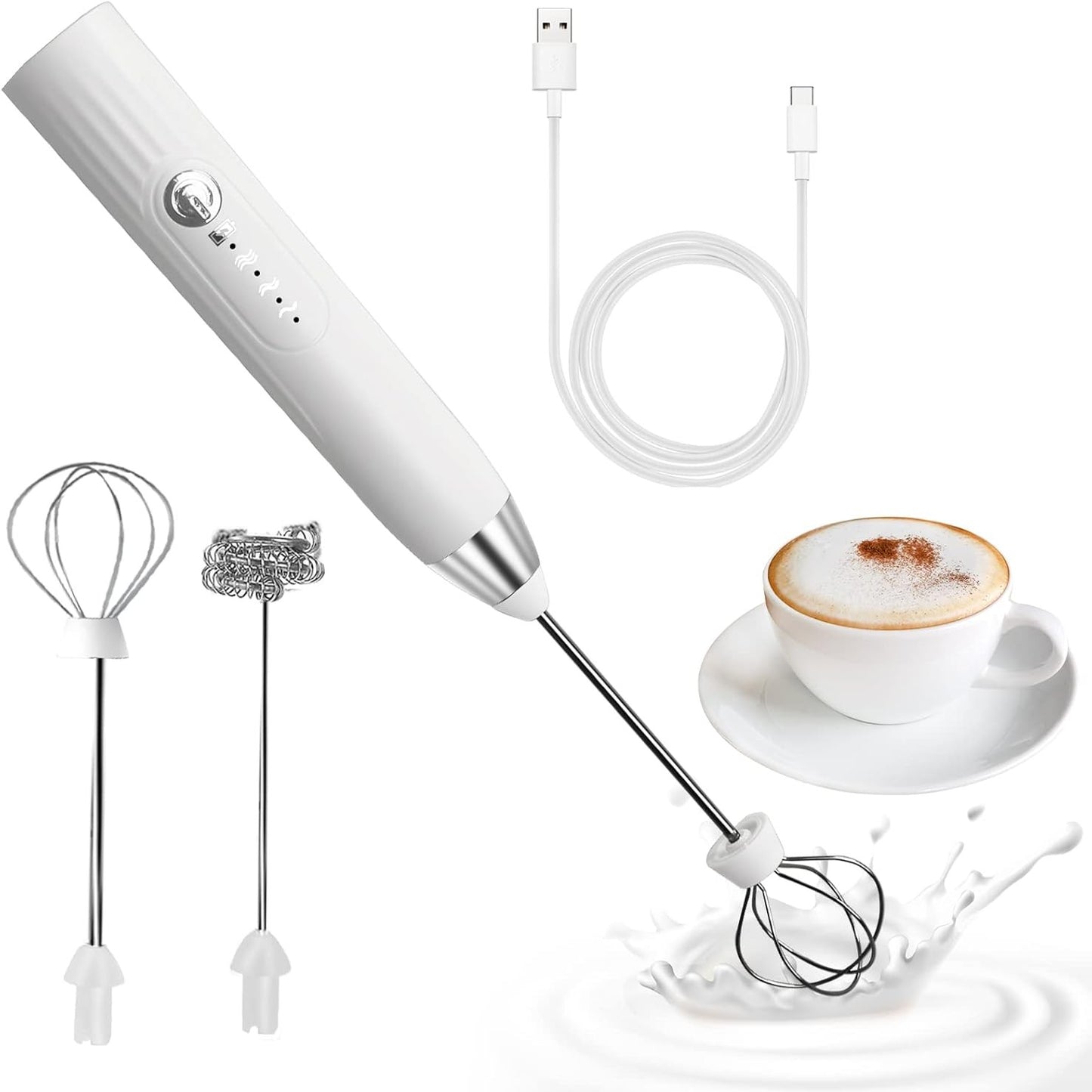 224441 - SHKUMËZUES ELEKTRIK QUMËSHTI, RIKARIKUESHËM ME USB, 3 SHPEJTËSI, ÇELIK INOX, PËR KAFE, KAPUÇINO, LATTE, NGJYRA E BARDHË ARGJENDI