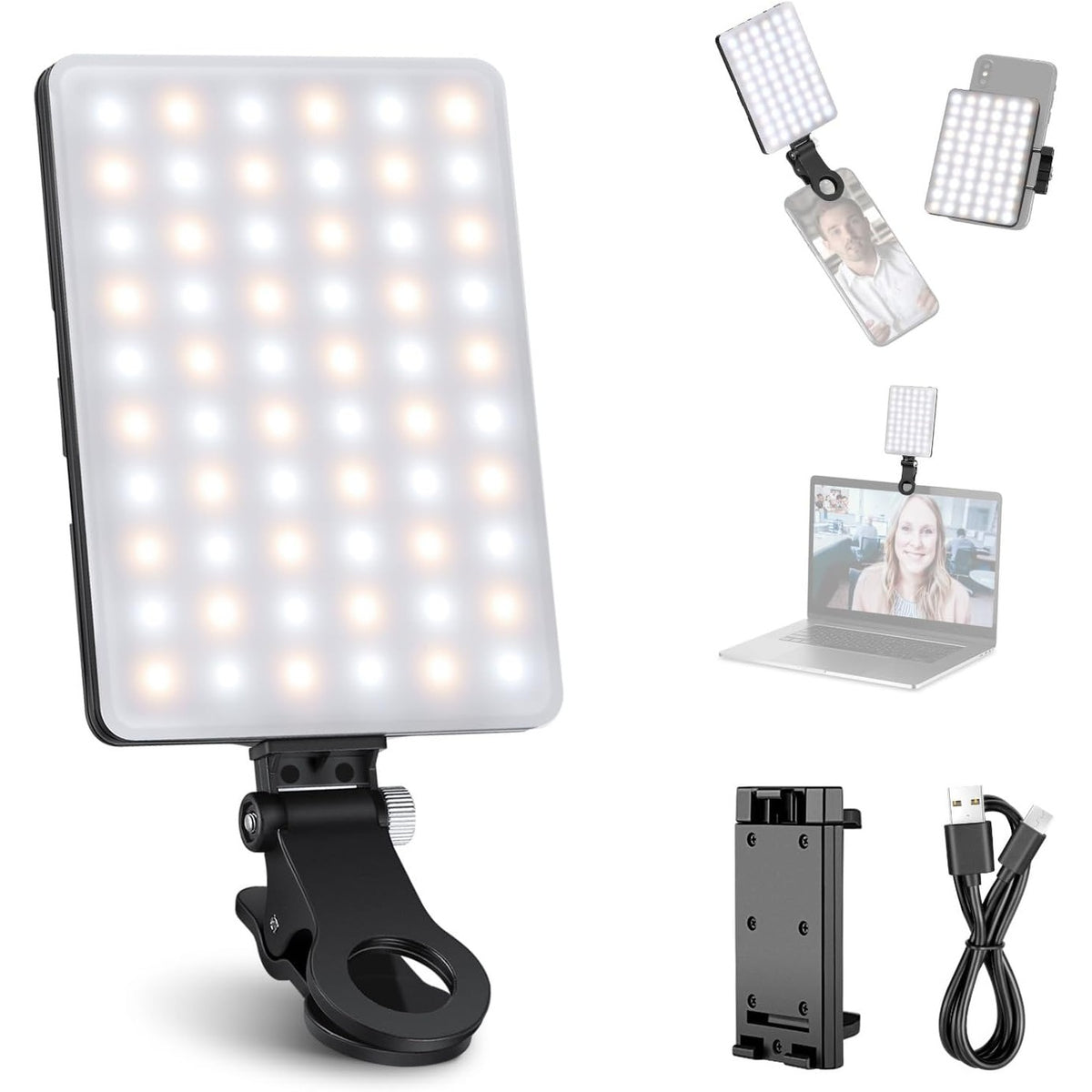 299429 - NEEWER Dritë Selfie me Kapëse Telefoni, 60 LED, 2000mAh e Rikarikueshme, 3 Modalitete Drite, Llambë Portative për Tablet/Laptop
