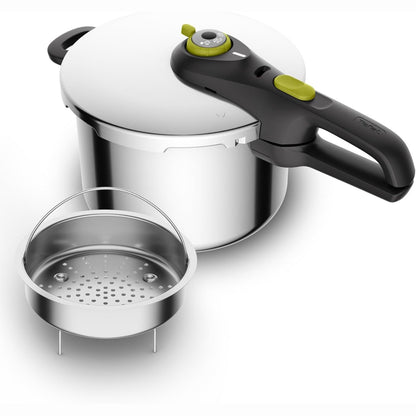 167373 - TEFAL Tenxhere me Presion Secure 5 Neo, 6L, Çelik Inox, 22cm, me Futje Shporte dhe Trekëmbësh, 2 Nivele Gatimi, Sistem Sigurie Secure 5, i Pajtueshëm me Të Gjitha Llojet e Sobave dhe Induksion, i Sigurt për Lavastovilje, Modeli P2530738