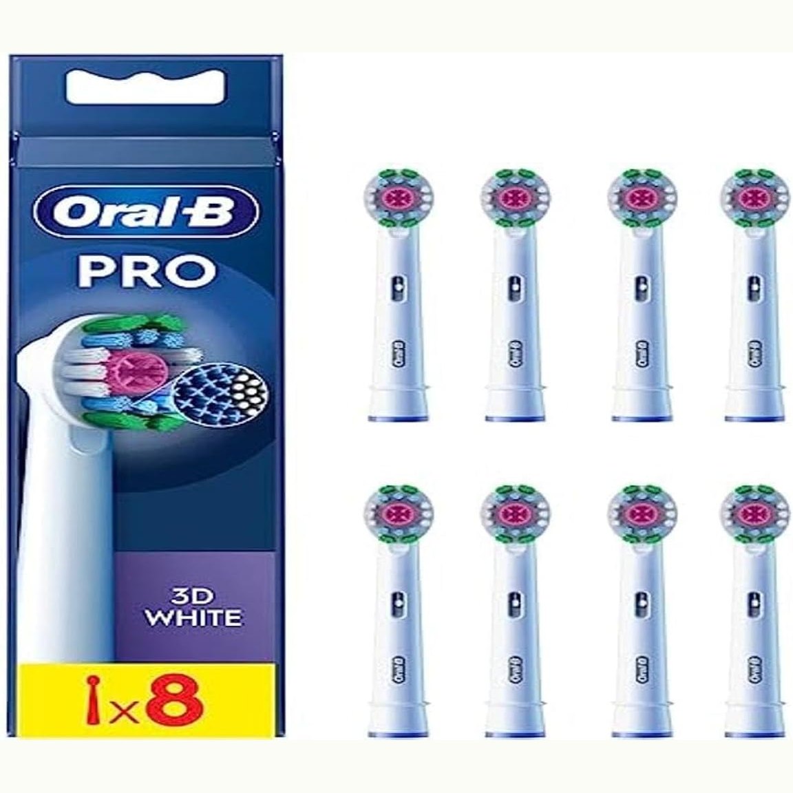 275124 - ORAL-B Koka Furçash Zëvendësuese 3D White, Pako me 8, të Bardha – Mbushëse Furçash Dhëmbësh Elektrike Pro, Zbardhuese me Kupë Lustruese