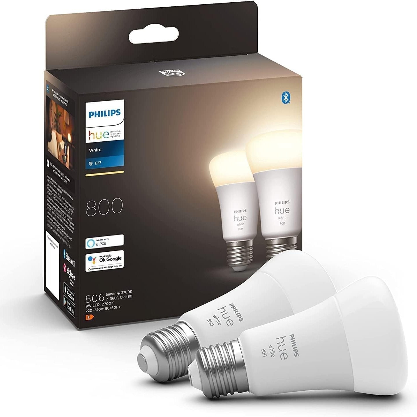 251665 - PHILIPS Llambë LED White E27, 810lm, e bardhë e ngrohtë, me errësim, e kontrollueshme nëpërmjet aplikacionit, e pajtueshme me Amazon Alexa, pako me 2, gjenerata e vjetër