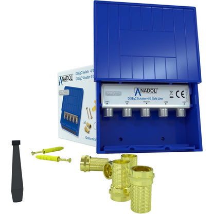 310469 - ANADOL Ndërprerës 4/1 DiseqC 2.0 për antena satelitore, për 4 satelitë, strehim i papërshkueshëm nga uji, HDTV, LNB + 5 lidhës F + lidhës kabllosh + priza dhe vida muri