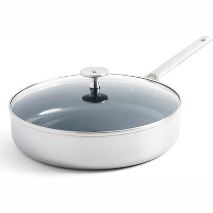 221209 - Tigan çeliku i trefishtë Blue Diamond me kapak, çelik inox 18/10, shtresë qeramike jo-ngjitëse e përforcuar me diamante, 28cm/3.6L, pa PFAS, shumështresore, me induksion, mund të lahet në lavastovilje, mund të futet në furrë, argjendi