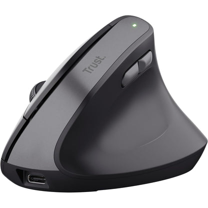 276749 - Trust Maus pa tel Yuno Ergonomik, Maus vertikal i rikarikueshëm, Marrës USB 2.4GHz, DPI i rregullueshëm (800-2400), Sensor optik, 6 butona, 70% plastikë e ricikluar, i zi