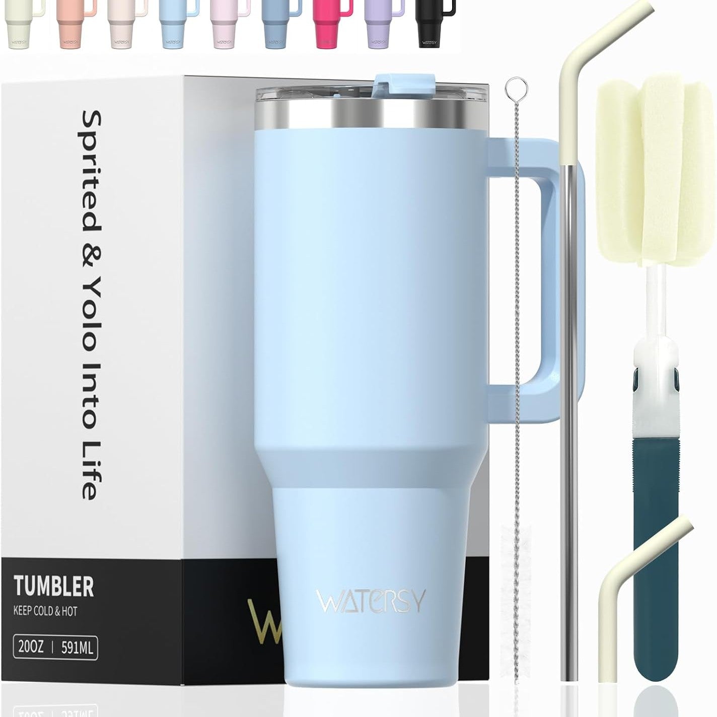 185240 - WATERSY Filxhan Kafeje për të Marrë me Vete 20oz, Termos me Dy Mure, Çelik Inox, Vakum, Rezistent ndaj Rrjedhave, me Dorezë dhe Gotë Termike me Kashtë, Blu