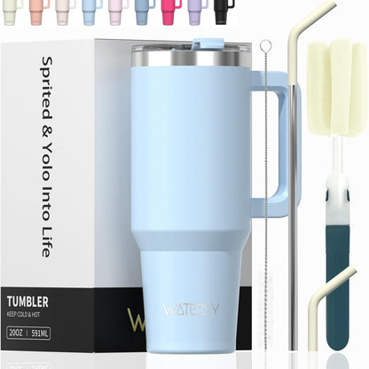 185240 - WATERSY Filxhan Kafeje për të Marrë me Vete 20oz, Termos me Dy Mure, Çelik Inox, Vakum, Rezistent ndaj Rrjedhave, me Dorezë dhe Gotë Termike me Kashtë, Blu