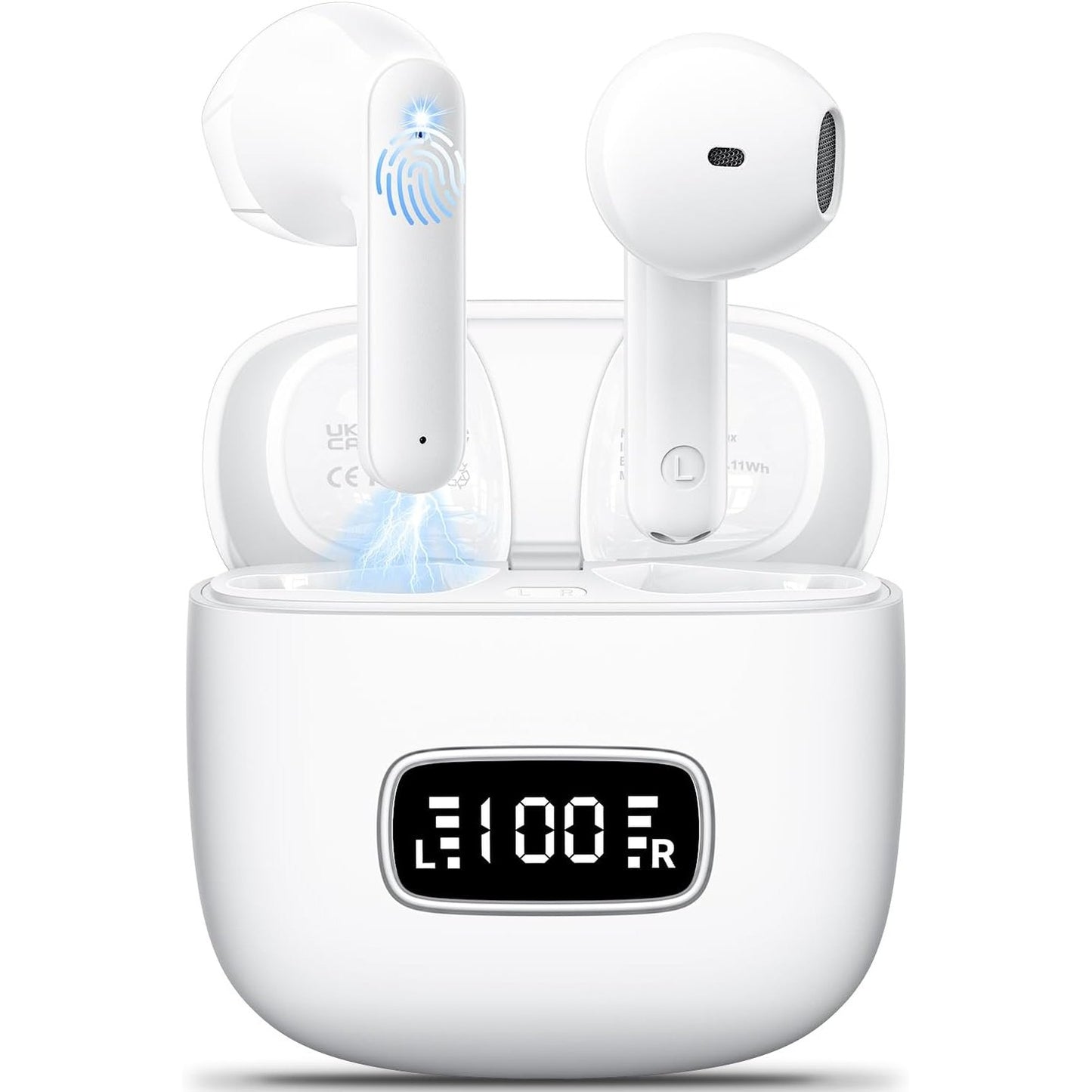266695 - GODYSE Kufje pa tel Bluetooth Godyse, Kufje Bluetooth 5.4 me 4 mikrofonë që anulojnë zhurmën, ekran LED, kohë luajtjeje 42 orë, tingull stereo HiFi, IPX6 rezistente ndaj ujit, kontroll me prekje, kufje pa tel për iOS dhe Android, të bardha