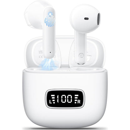 266695 - GODYSE Kufje pa tel Bluetooth Godyse, Kufje Bluetooth 5.4 me 4 mikrofonë që anulojnë zhurmën, ekran LED, kohë luajtjeje 42 orë, tingull stereo HiFi, IPX6 rezistente ndaj ujit, kontroll me prekje, kufje pa tel për iOS dhe Android, të bardha