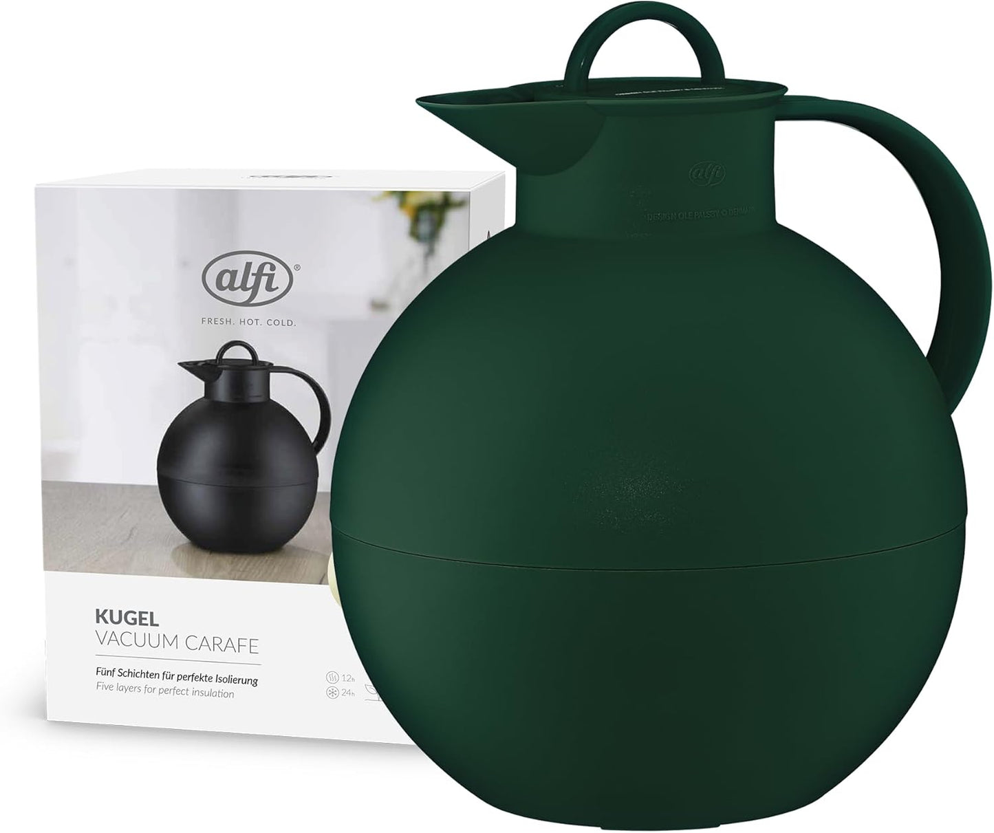 218820 - ALFI KUGEL 0.94l, dyshek jeshil tymi, karafe plastike e izoluar me futje qelqi higjienike të temperuar, kapak që hapet me rrotullim, termos sferik, pa BPA