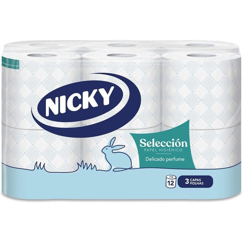 275915 - NICKY SELECTION Letër higjienike - Pako me 12 rrotulla, 150 fletë me 3 shtresa, me aromë pluhuri talk, 100% celulozë e pastër, Paketim i riciklueshëm
