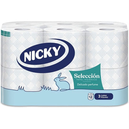 275915 - NICKY SELECTION Letër higjienike - Pako me 12 rrotulla, 150 fletë me 3 shtresa, me aromë pluhuri talk, 100% celulozë e pastër, Paketim i riciklueshëm