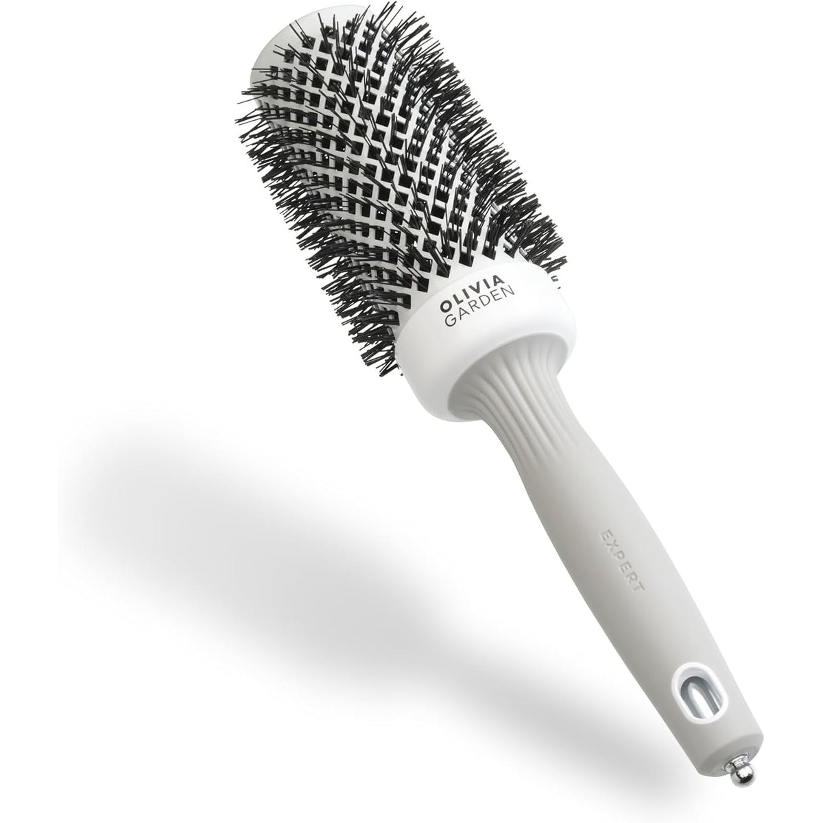 302166 - OLIVIA GARDEN Furçë Expert Blowout Shine, E bardhë dhe gri, 45, Furçë qeramike e rrumbullakët antistatike për floke me shkëlqim dhe pa kaçurrela