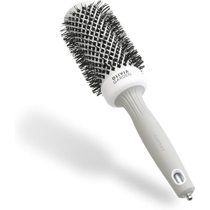 302166 - OLIVIA GARDEN Furçë Expert Blowout Shine, E bardhë dhe gri, 45, Furçë qeramike e rrumbullakët antistatike për floke me shkëlqim dhe pa kaçurrela