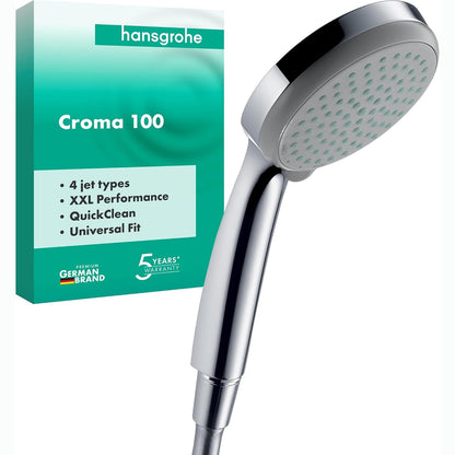 288760 - HANSGROHE Croma 100 - Kokë dushi, dush dore me 4 modele spërkatjeje, kokë dushi e rrumbullakët (100 mm), funksion kundër gëlqeres, krom, 28535000.