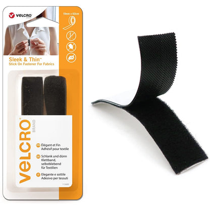 277098 - VELCRO Mbërthyes ngjitës elegant dhe i hollë për pëlhura, Mbërthyes ngjitës i fortë me grep dhe lak, vetëngjitës, E zezë, 19 mm x 60 cm
