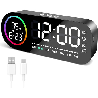 210263 - VINABO Orë Dixhitale me Zile, Dritë Nate me 7 Ngjyra, 4 Nivele Ndriçimi, Ekran LED i Madh për Temperaturën, Kontroll Zanor, Kohëzgjatje 12/24 Orë, Portë USB, Shtyrje, Memorje Fikjeje, Në Ngjyrë Të Zezë