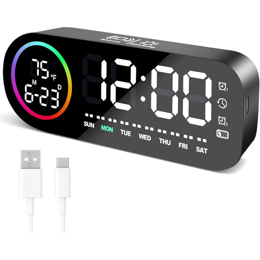 210263 - VINABO Orë Dixhitale me Zile, Dritë Nate me 7 Ngjyra, 4 Nivele Ndriçimi, Ekran LED i Madh për Temperaturën, Kontroll Zanor, Kohëzgjatje 12/24 Orë, Portë USB, Shtyrje, Memorje Fikjeje, Në Ngjyrë Të Zezë