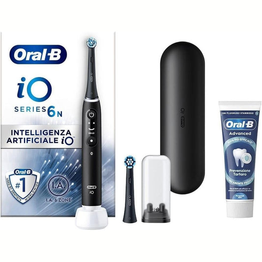 271016 - ORAL-B Furçë dhëmbësh elektrike iO 6, 2 koka, e zezë, 2 koka zëvendësuese, rikarikueshme, kuti + 1 pastë dhëmbësh e avancuar