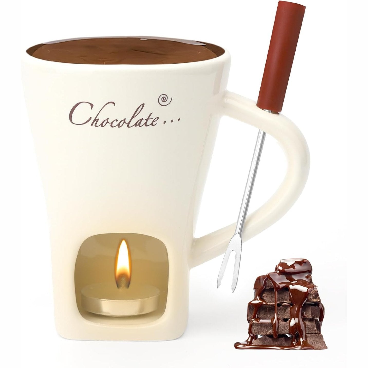 186249 - GZRXIOUS Gotë Fondue për Çokollatë, Materiali Qeramikë, Kapaciteti 130ML, me Mbajtëse Çaji dhe Pirunë, Ideale për Djathë, Gjalpë