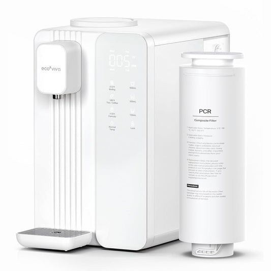160512 - ECOVIVA Sistem i Pastrimit të Ujit me UV dhe Osmozë të Kundërt, Dispenser i Ujit të Nxehtë, 7 Faza të Filtrimit, Raport 3:1 i Pastër për Shpëlarje, Monitorues TDS dhe Jetëgjatësi e Lartë e Filtrit