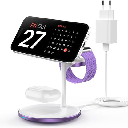 305297 - Stacion karikimi induktiv 3-në-1, Mag-Safe 15W për iPhone 15/14, Karikues Mag-Safe për iWatch Ultra 2/1/Series 9, AirPods, Vjollcë