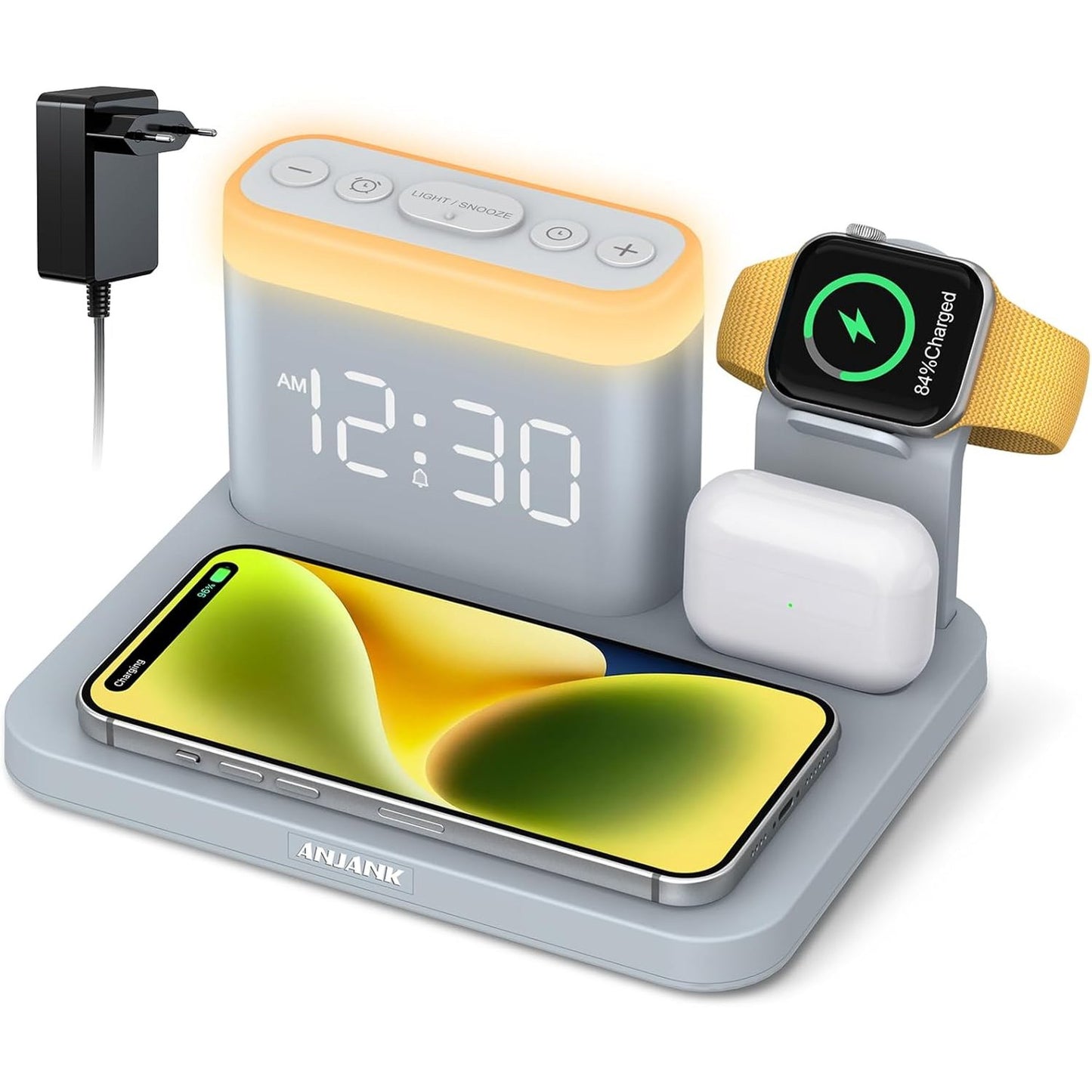 183387 - STACIONI KARIKUES 5-NË-1 për Apple Watch me Orë Alarmi dhe 7 Opsione Ndriçim Natesh, Errësim 0-100%, Tregues Karikimi, Karikues Induktiv dhe pa Tel për iPhone 15/14/13/12/Pro/Pro Max, AirPods 3/2/1/Pro
