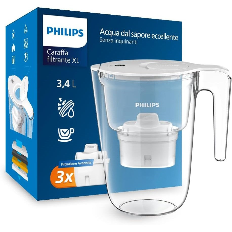 250963 - PHILIPS Water XL Filter Jug 3.4L + 3 Fishekë Zëvendësues, Filtrim i Avancuar, Rrjedhje e Shpejtë, Kohëmatës Elektronik, E Bardhë