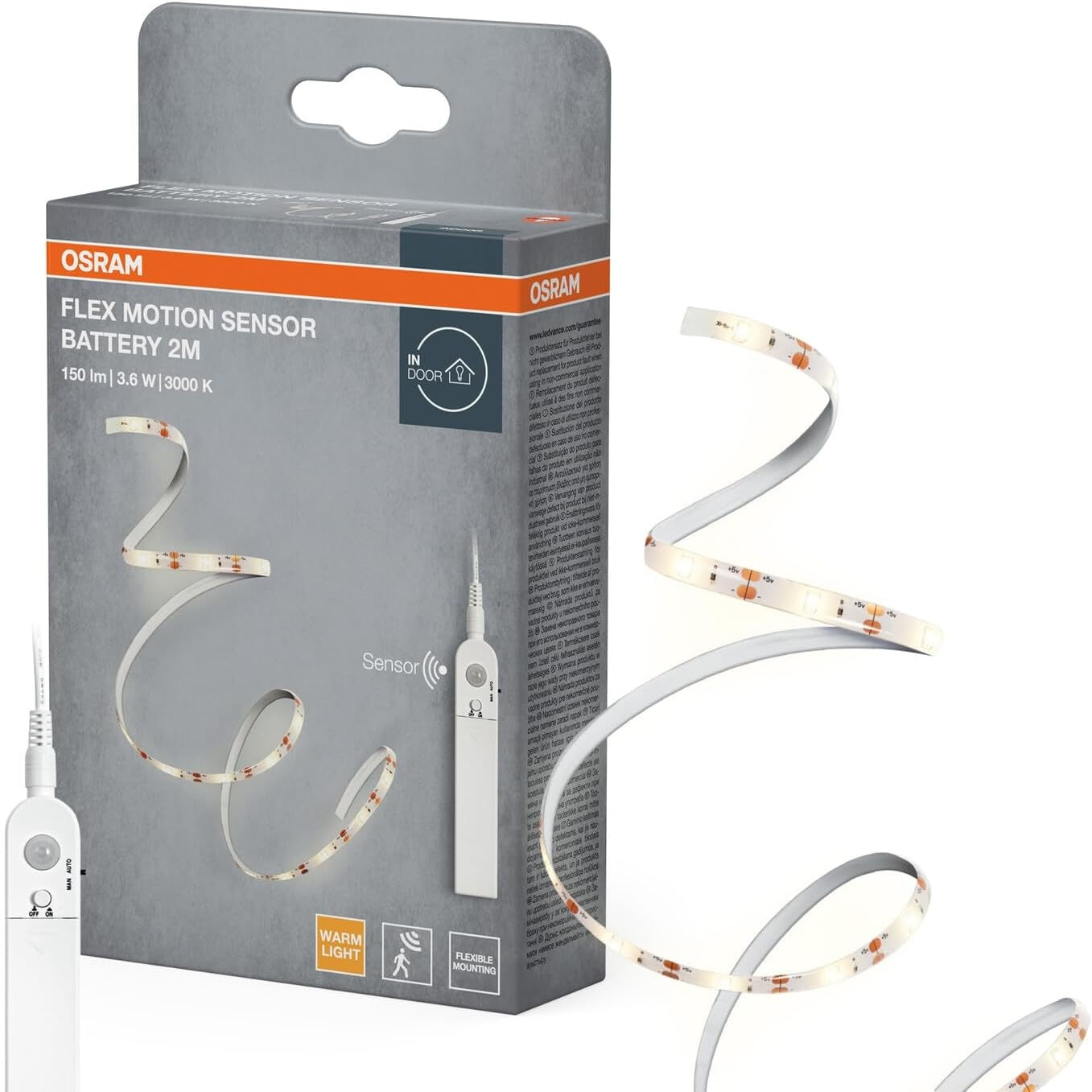 229110 - OSRAM Shirit LED me bateri, 2m, 3.6W, 150lm, 3000K, IP20, burim drite i pazëvendësueshëm, me sensor lëvizjeje, dritë e bardhë e ngrohtë