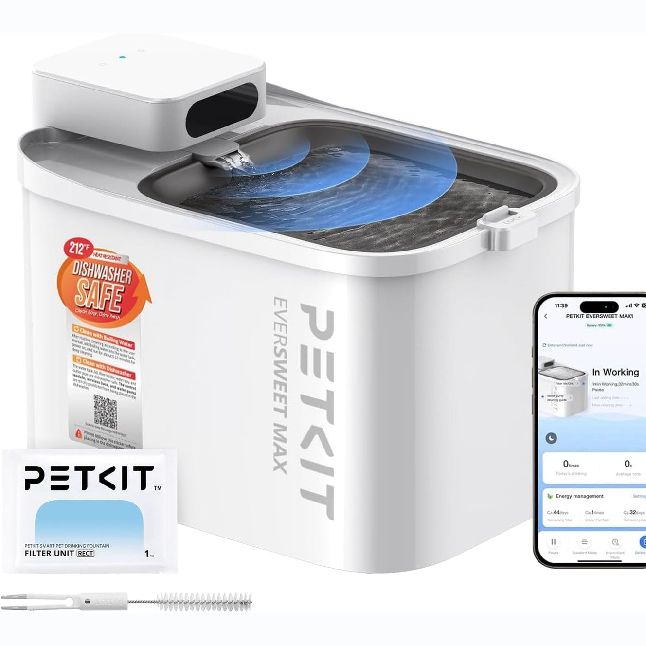 221094 - PETKIT Shatërvan uji EVERSWEET MAX 2, material rezistent ndaj nxehtësisë, 3L, funksionon me bateri, sensor lëvizjeje, kontroll me aplikacion, ultra i qetë