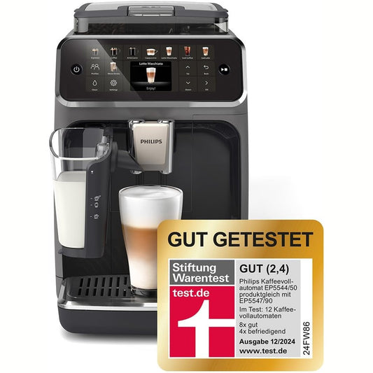 162019 - PHILIPS Series 5500 - Makinë Espresso e Plotësisht Automtike, 20 Lloje Kafe të Nxehta dhe të Ftohta, Sistemi LatteGo me Pastrim të Shpejtë, SilentBrew (40% më i Qetë), Nisje e Shpejtë, Ngjyrë e Grisë (Modeli EP5544/50)