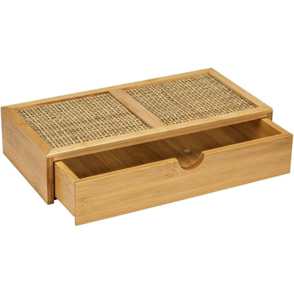 227478 - Kuti ruajtjeje për banjo WENKO Allegre, kuti dekorative me sirtar në stilin boho, e bërë nga bambu dhe endje ratani, 28 x 6 x 14 cm, natyrale