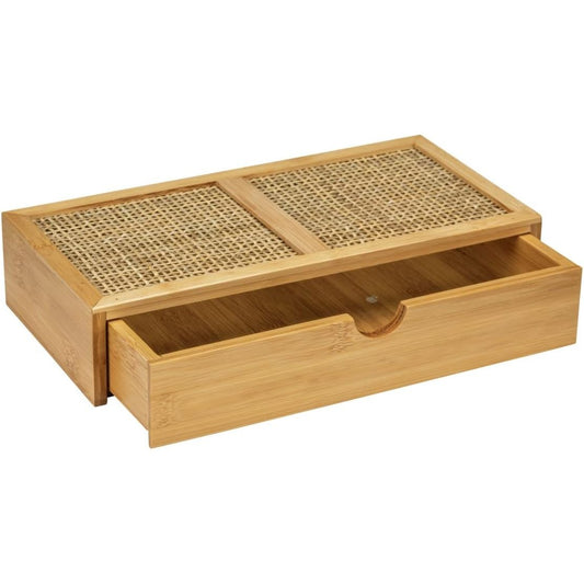 227478 - Kuti ruajtjeje për banjo WENKO Allegre, kuti dekorative me sirtar në stilin boho, e bërë nga bambu dhe endje ratani, 28 x 6 x 14 cm, natyrale