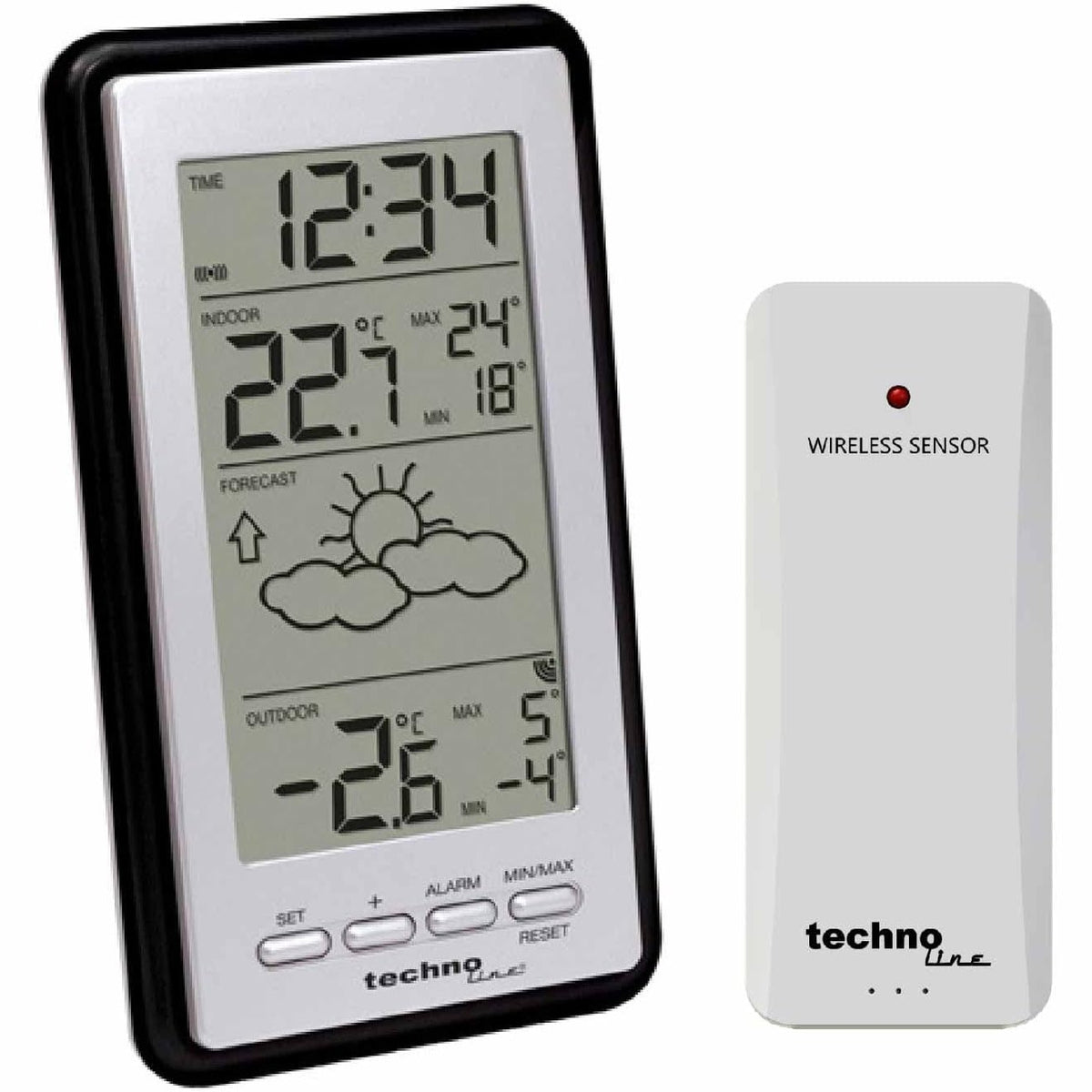 322390 - TECHNOLINE Stacion Meteorologjik Pa Tel WS 9130, Sensor të Jashtëm, Temperaturë Brendshme/Jashtme, Parashikim Moti, Orë Radio DCF, Memorie Min/Maks, Ekran LCD, E Zezë