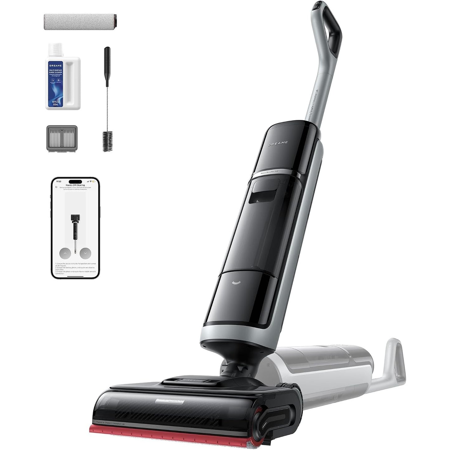 288026 - DREAME H15 Pro, Fshesë me Korrent dhe Mop me Nxehtësi, Pastrim Dyshemeje 85°C, Krah Robotik AI, Sensor Inteligjent RGB, Fuqi Thithjeje 22,000 Pa, Larje me Furçë 100°C, Tharje 5-minutëshe 90°C, Kontroll me Aplikacion