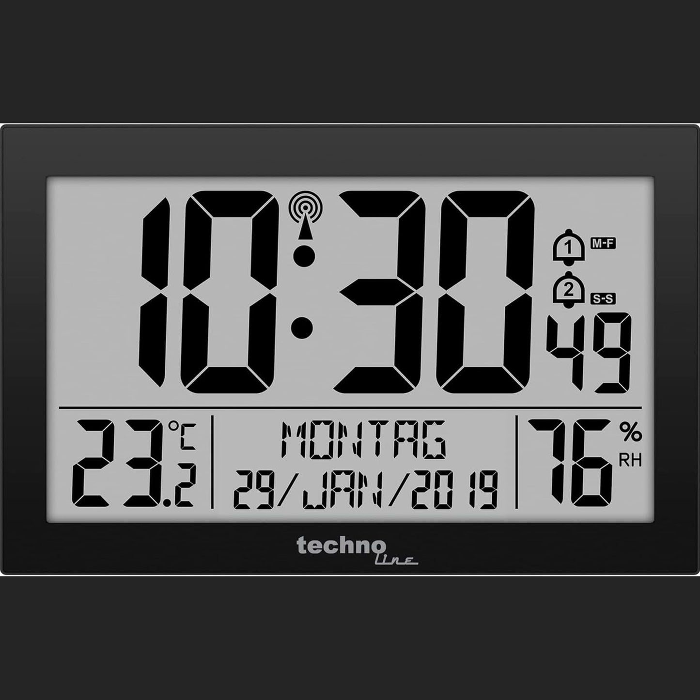 245963 - WS8016 - Orë muri dixhitale me radio, DCF77, datë, dita e javës (7 gjuhë), temperaturë, lagështi, 2 alarme, e zezë