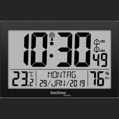 245963 - WS8016 - Orë muri dixhitale me radio, DCF77, datë, dita e javës (7 gjuhë), temperaturë, lagështi, 2 alarme, e zezë