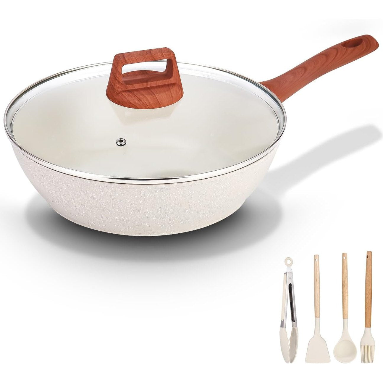 175636 - KIXOLO Tigan Qeramik me Kapak dhe 4 Enë Gatimi 28 cm, Buzë e Lartë, Veshje Qeramike Jo-Ngjitëse, për Skuqje, Pa PFOS/PFOA, Përshtatshëm për të Gjitha Sobat