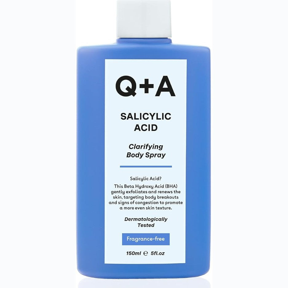 312453 - Q+A Sprej për trupin me acid salicilik, 150 ml, eksfoliues me acid sukcinik dhe aloe vera, vegan dhe falas