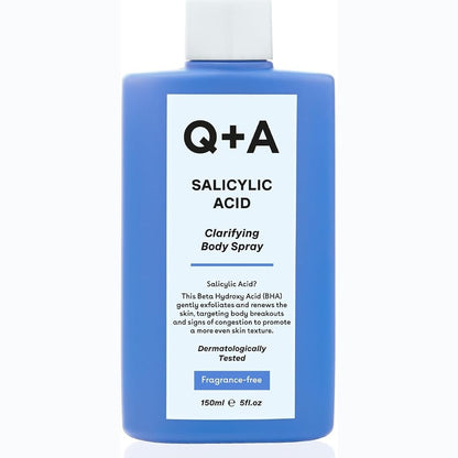 312453 - Q+A Sprej për trupin me acid salicilik, 150 ml, eksfoliues me acid sukcinik dhe aloe vera, vegan dhe falas
