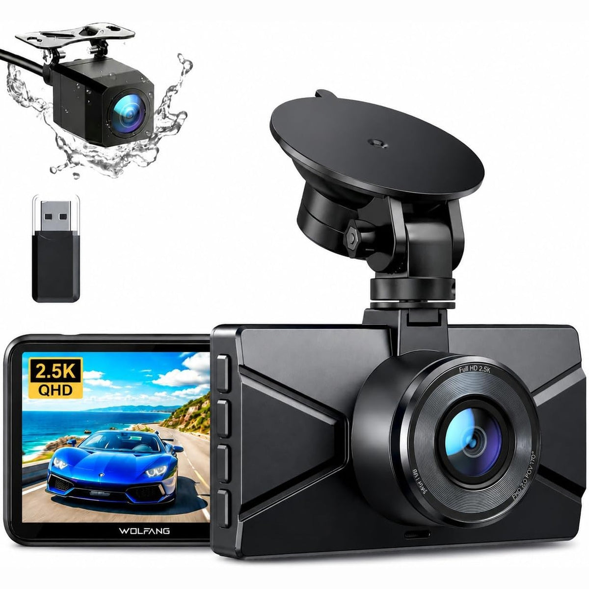308771 - WOLFANG 2.5K Kamera e makinës, 1440P+1080P, Kamera e përparme IPS 3" me kënd të gjerë 170°, Sensor G, WDR, Modalitet parkimi 24 orë