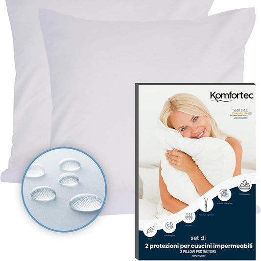 202316 - KOMFORTEC Mbulesa e Papërshkueshme nga Uji për Jastëk, Seti Përmban 2 Çanta me Zinxhir 45x45 cm, Të Frymëzueshme dhe Hipoalergjike, Kundër Marimangave, e Bardhë