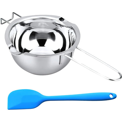 229990 - ENË SHKRIRËSE PREJ ÇELIKU INOX ME BOJLER TË DYFISHTË, 600 ML, ÇELIK INOX 304 ME SHPATULL BLU PËR PËRGATITJEN E ÇOKOLLATËS, KREMIT, GJALPIT, DYLLIT TË QIRINJVE, SHEQERIT DHE SAPUNIT.