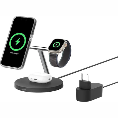 309467 - BELKIN Karikues pa tel BoostCharge Pro 3-në-1 Qi2, i pajtueshëm me MagSafe, Stacion karikimi induktiv për Apple iPhone 17, Air, 16, Pixelsnap, Apple Watch, AirPods, përfshirë adaptorin e energjisë - i zi