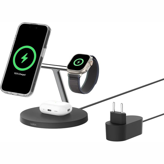309467 - BELKIN Karikues pa tel BoostCharge Pro 3-në-1 Qi2, i pajtueshëm me MagSafe, Stacion karikimi induktiv për Apple iPhone 17, Air, 16, Pixelsnap, Apple Watch, AirPods, përfshirë adaptorin e energjisë - i zi