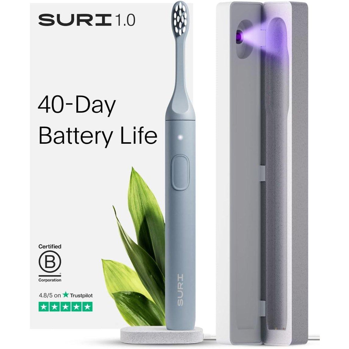 274879 - SURI Furçë dhëmbësh elektrike sonike 1.0 me kuti udhëtimi për pastrim UV, 1 muaj + bateri, e projektuar në Kaliforni, blu
