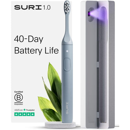 274879 - SURI Furçë dhëmbësh elektrike sonike 1.0 me kuti udhëtimi për pastrim UV, 1 muaj + bateri, e projektuar në Kaliforni, blu