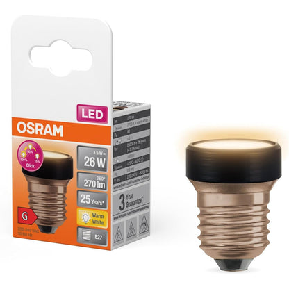 229655 - OSRAM LED STAR FLAT 3.5W (ekuivalent me 26W), 270lm/2700K, e bardhë e ngrohtë 827, plastikë e zezë, E27, e errësueshme, diametër 35 mm