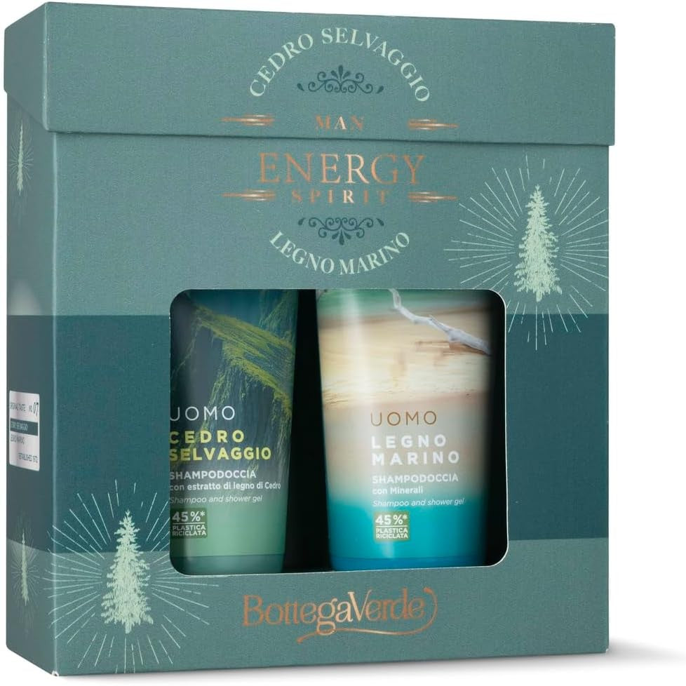 303581 - BOTTEGA VERDE SET DHURATASH PËR BURRA ME SHAMPO DUSHI ME DRU DETI 200ML DHE SHAMPO DUSHI ME KEDËR TË EGËR 200ML, AROMË ERËZASH, DRURI DHE AGRUMESH